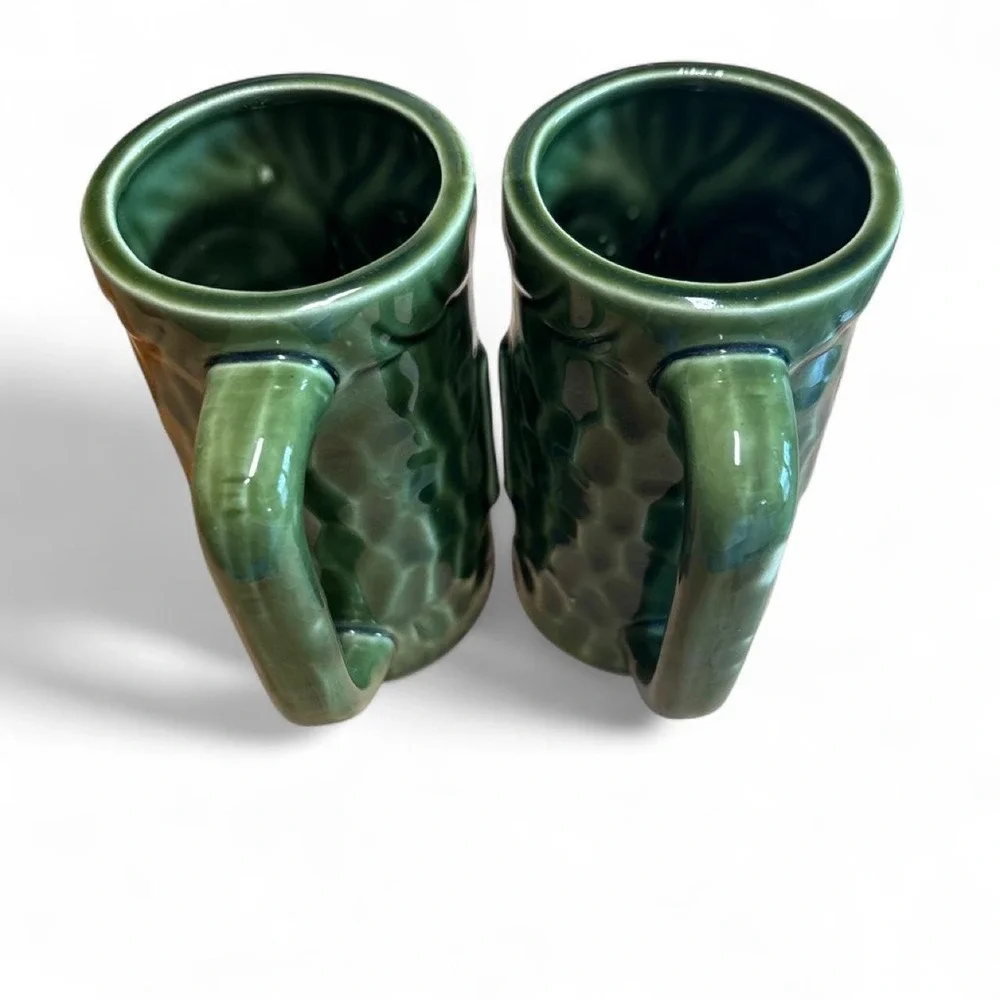 Pair of Midcentury Modern Vintage Green  Glaze Ceramic Exotic Tiki Mugs Cups